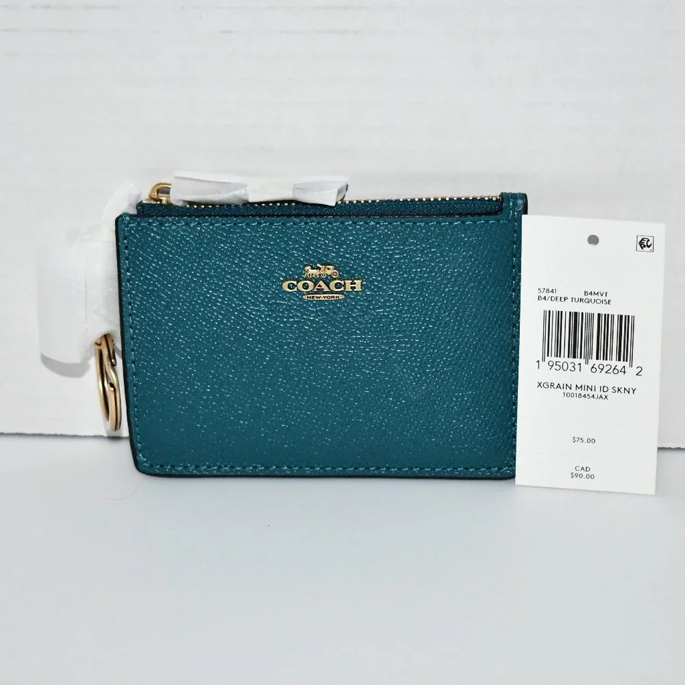 COACH Logo Leather Mini Skinny ID in Deep Turquoise #57841 B4MVT NWT